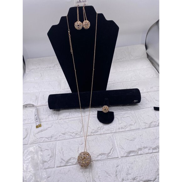 Fashion Jewelry Women’s Necklace Set Gold Plated Rhinestones Earrings & Ring - Picture 2 of 14